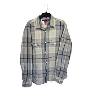 Tommy Hilfiger Flannel Shirt Mens Size XL Beige Plaid Heavyweight Shacket Brushe
